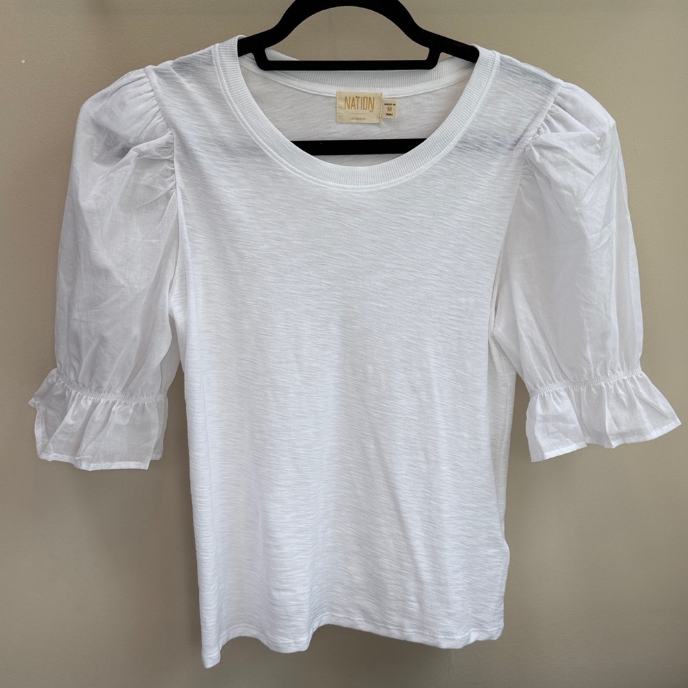 Nation LTD White Textured Top With Puff Sleeve